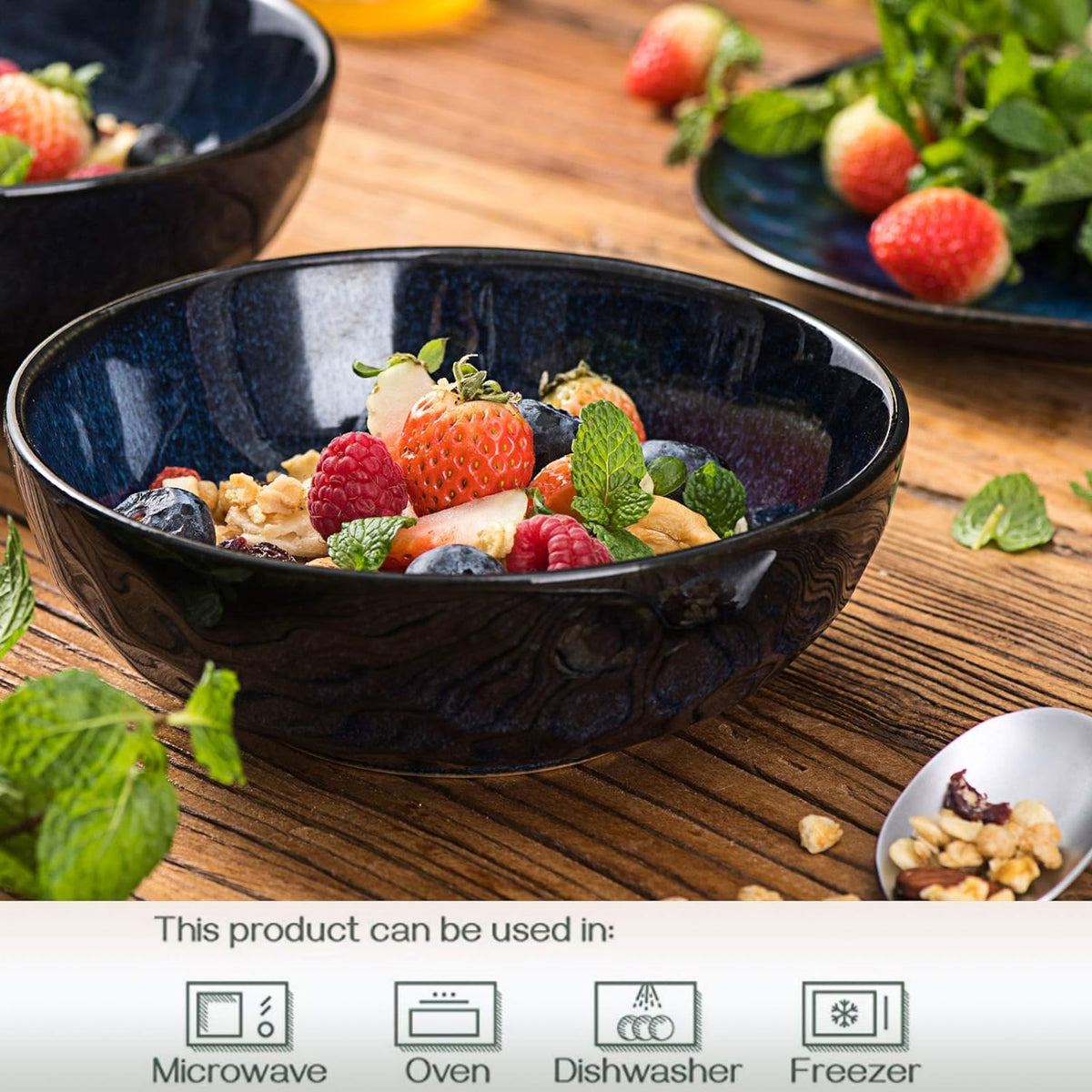Ceramic Salad Bowls Set, 32 Ounce, Set of 4, Blue Q168613