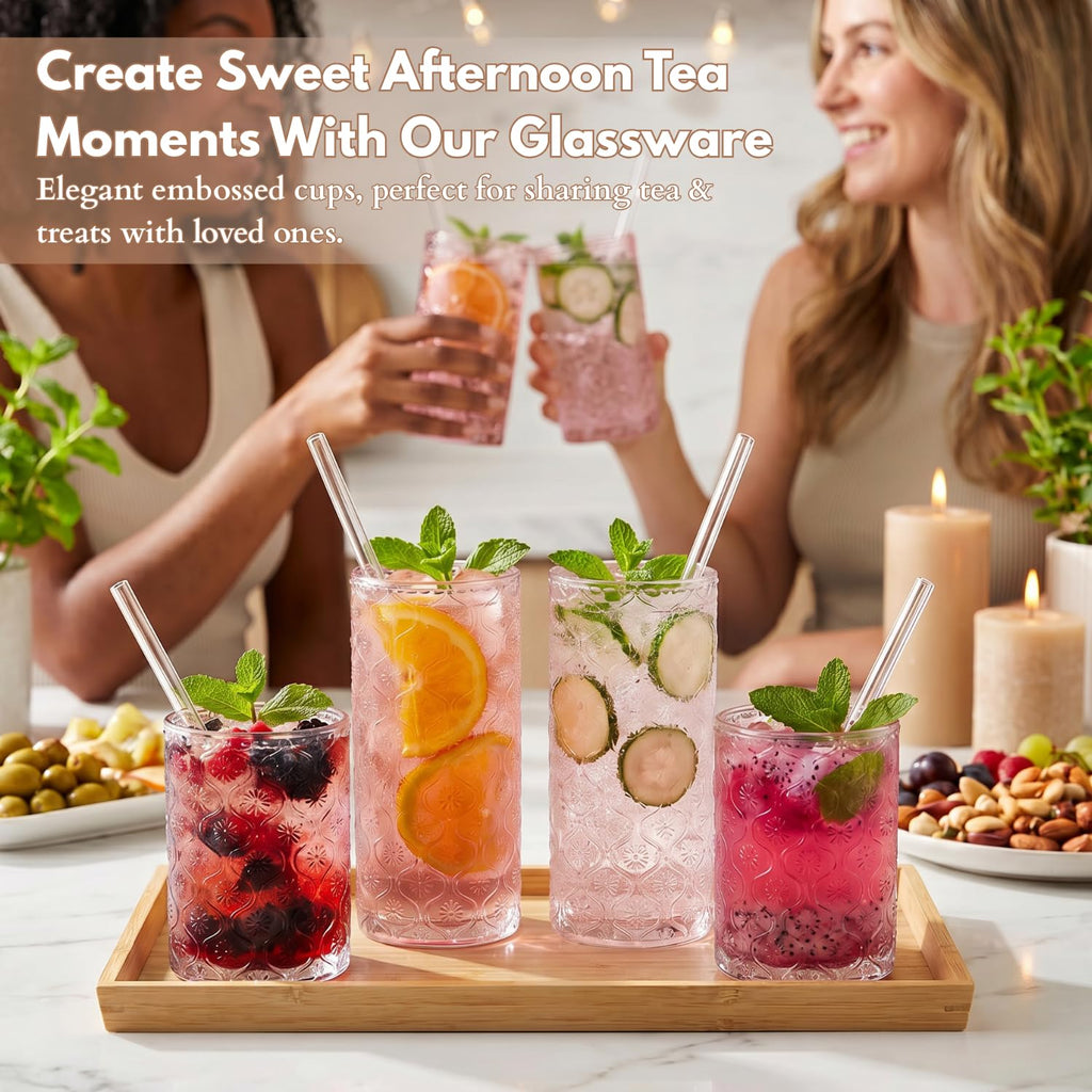 Pink Floral Embossed 12 Oz Highball & 10 Oz Cocktail Glasses Set of 8 with Straws Y37698