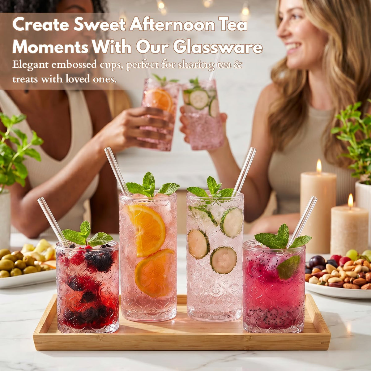 Pink Floral Embossed 12 Oz Highball & 10 Oz Cocktail Glasses Set of 8 with Straws Y37698