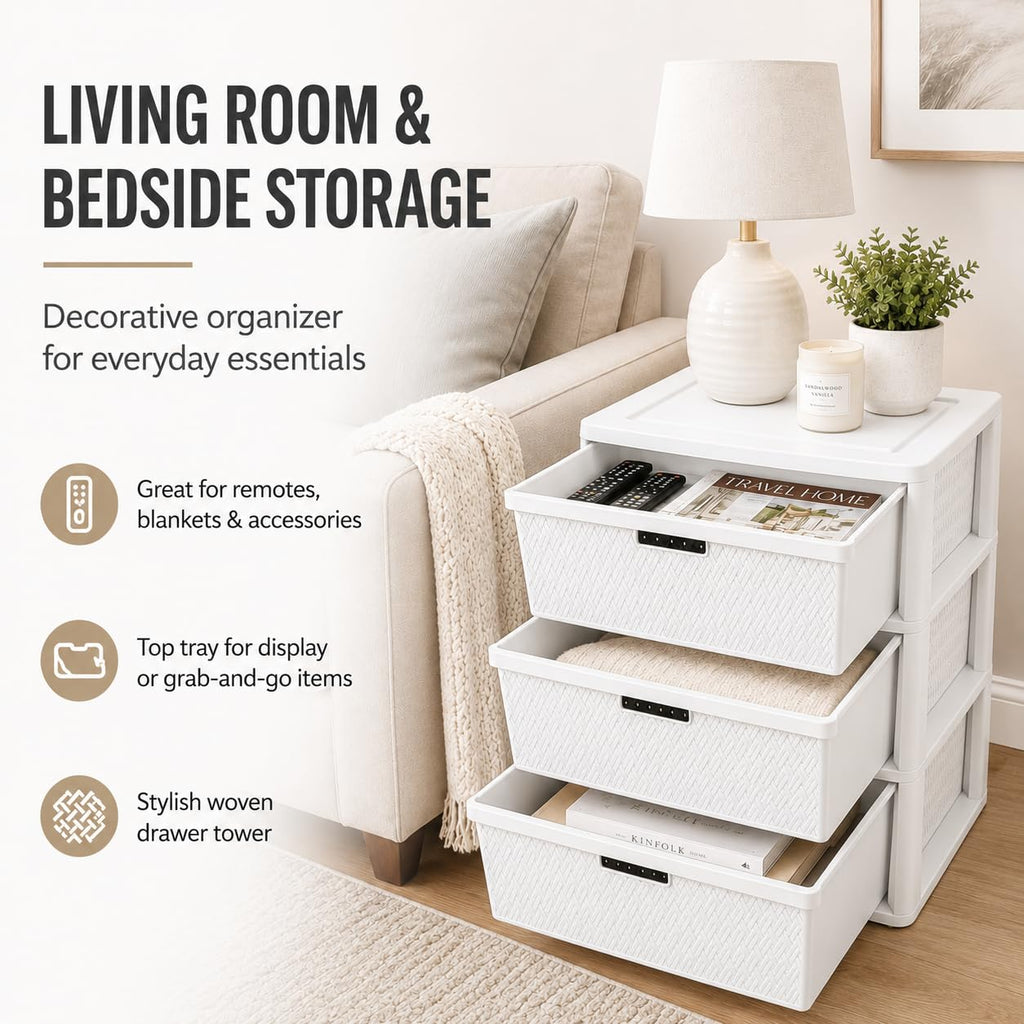Wide 3-Drawer Plastic Storage Tower with Removable Bins O4314