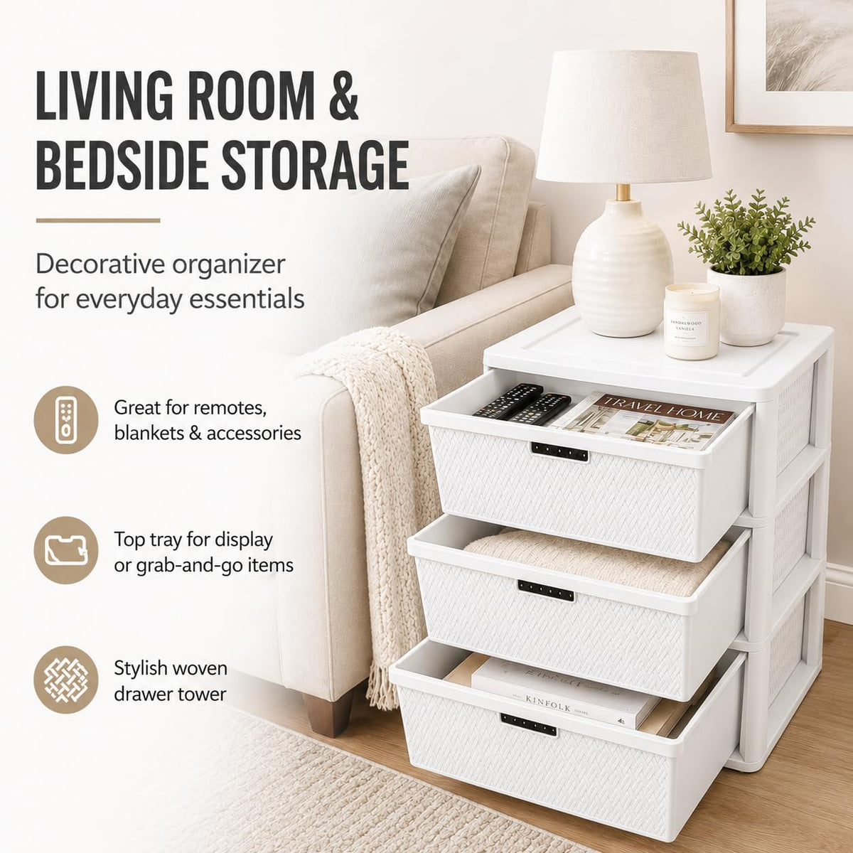 Wide 3-Drawer Plastic Storage Tower with Removable Bins O4314