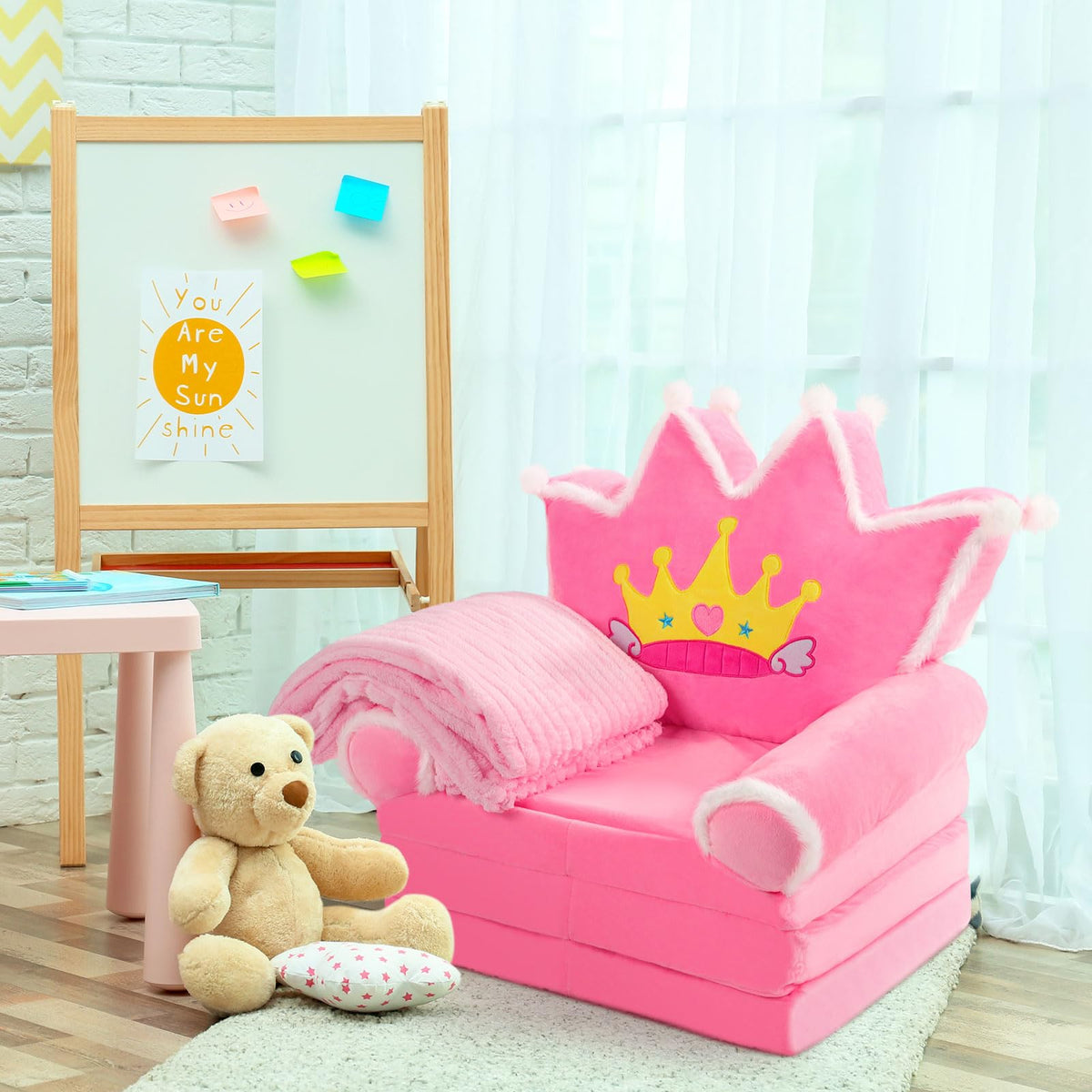 Pink 2 in 1 Fold Out Couch Set with Flannel Blanket O4465
