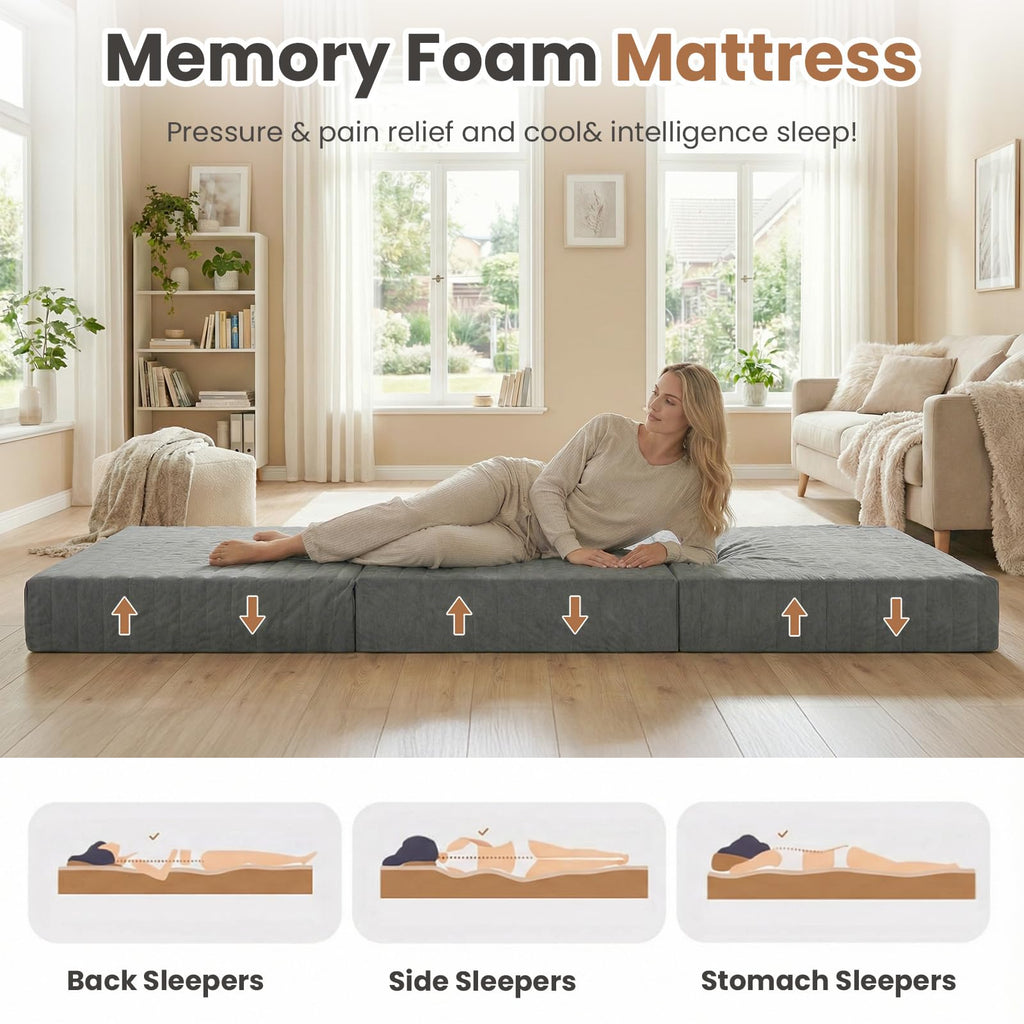 Queen Size Tri-Fold Mattress with Handles & Non-Slip Bottom S512