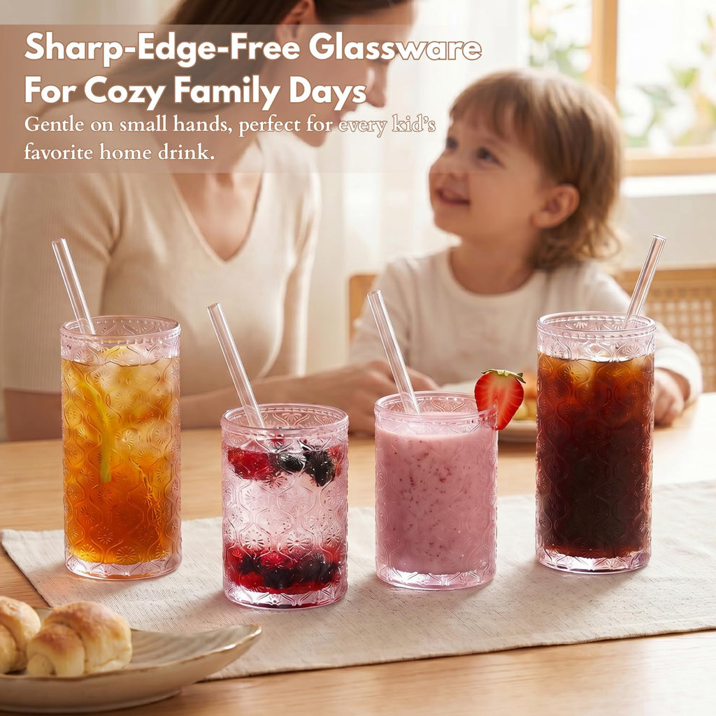 Pink Floral Embossed 12 Oz Highball & 10 Oz Cocktail Glasses Set of 8 with Straws Y37698