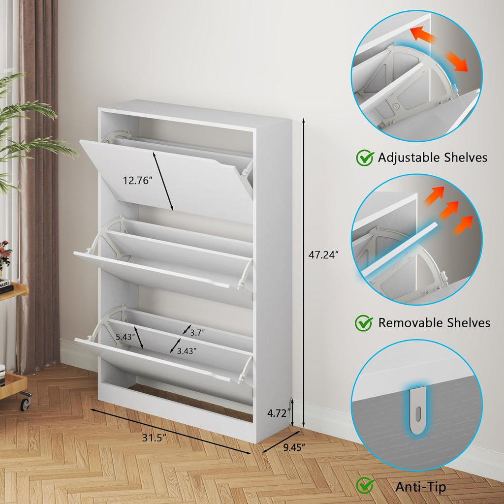 White 3 Flip Drawer Wood Shoe Cabinet C347457