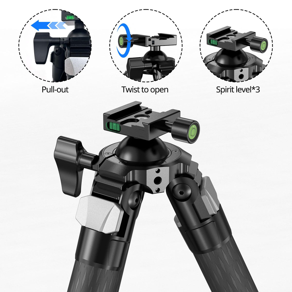 Carbon Fiber Hunting Tripod with Bubble Level and Ball Head V225