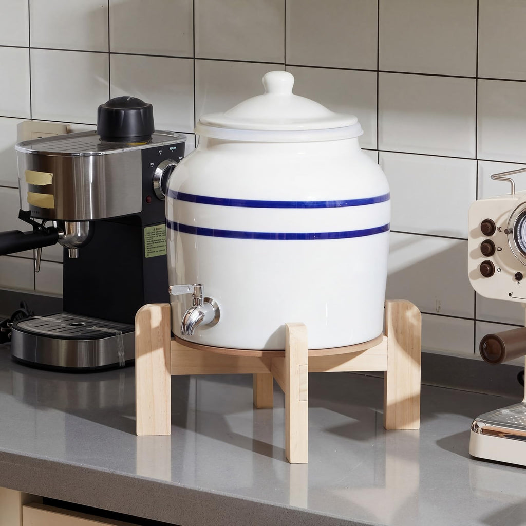 Ceramic Water Dispenser with Wood Stand and Stainless Steel Faucet D654279