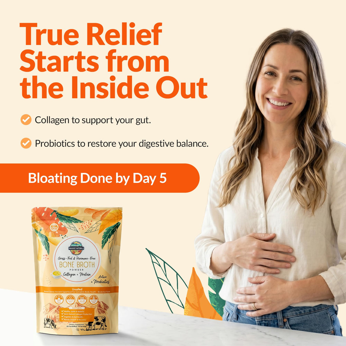 100% Grass-Fed Beef Bone Broth Powder with Probiotics Collagen 15g Protein F610420
