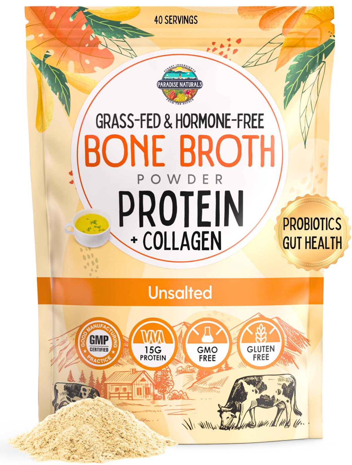 100% Grass-Fed Beef Bone Broth Powder with Probiotics Collagen 15g Protein F610420