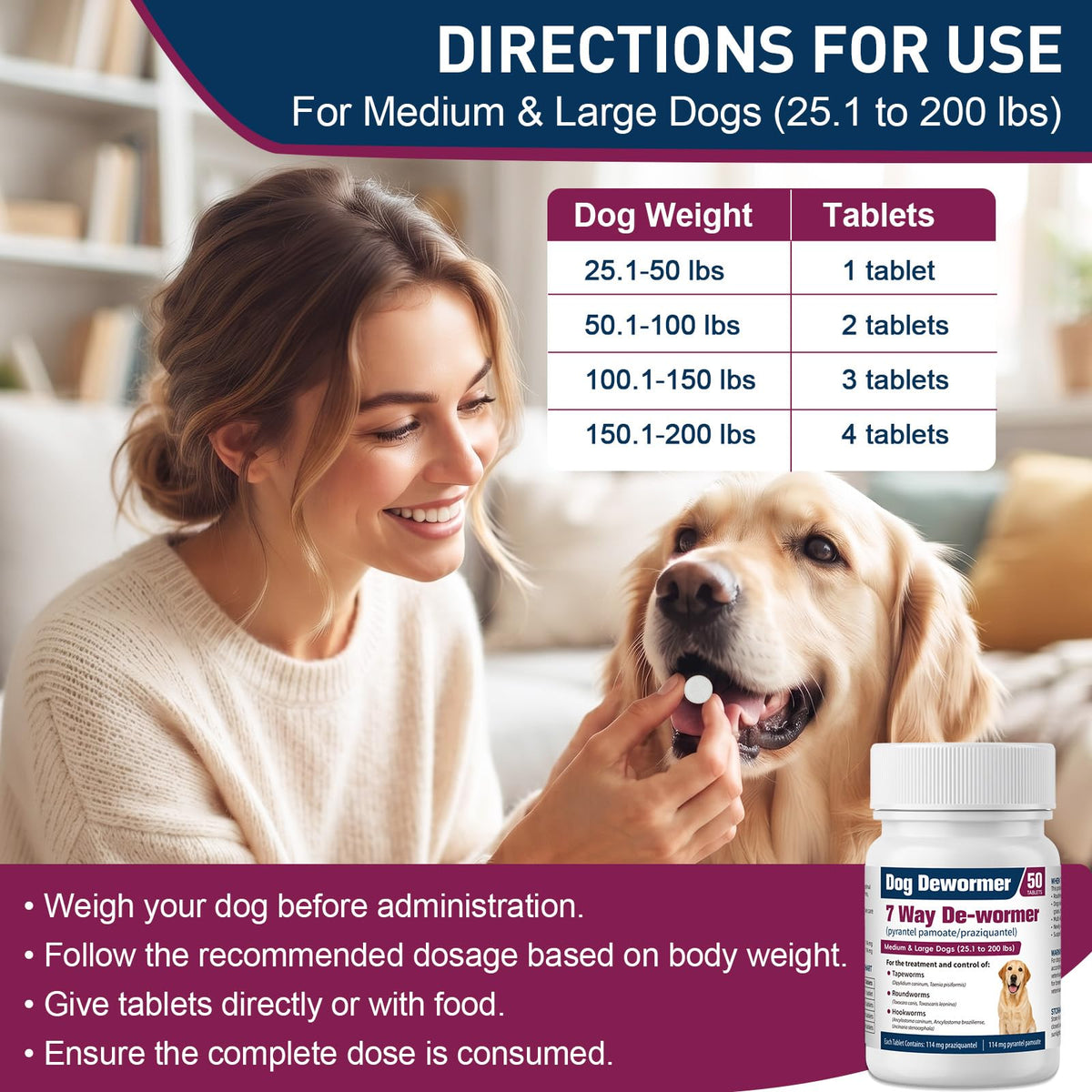 7-Way Dewormer for Large Dogs & Puppies, 50 Tablets Y424