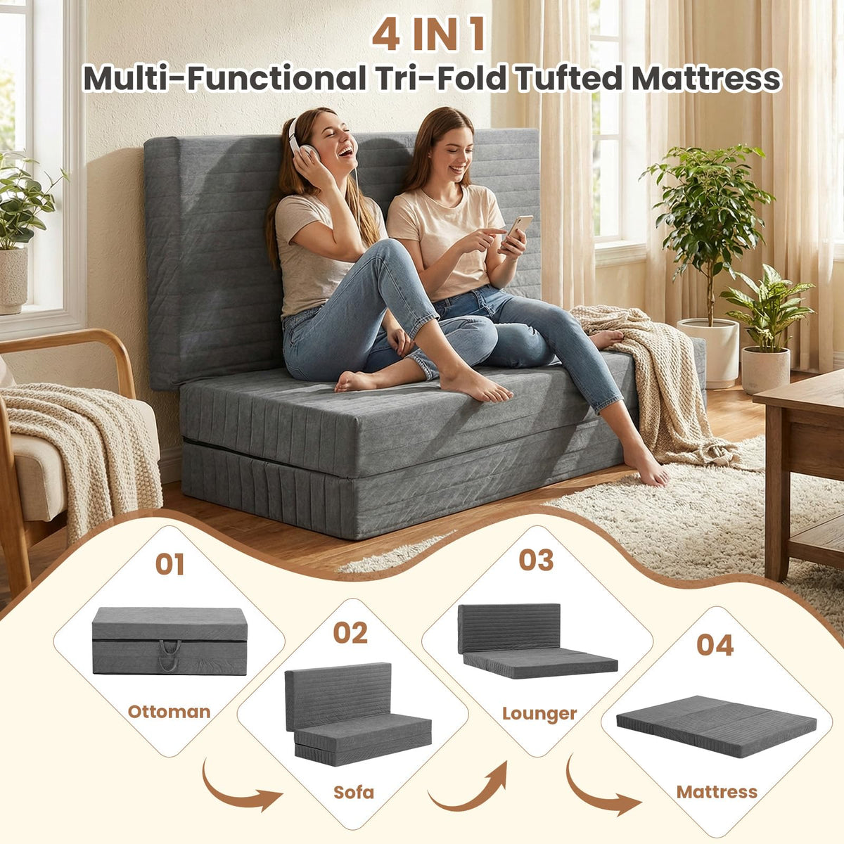 Queen Size Tri-Fold Mattress with Handles & Non-Slip Bottom S512
