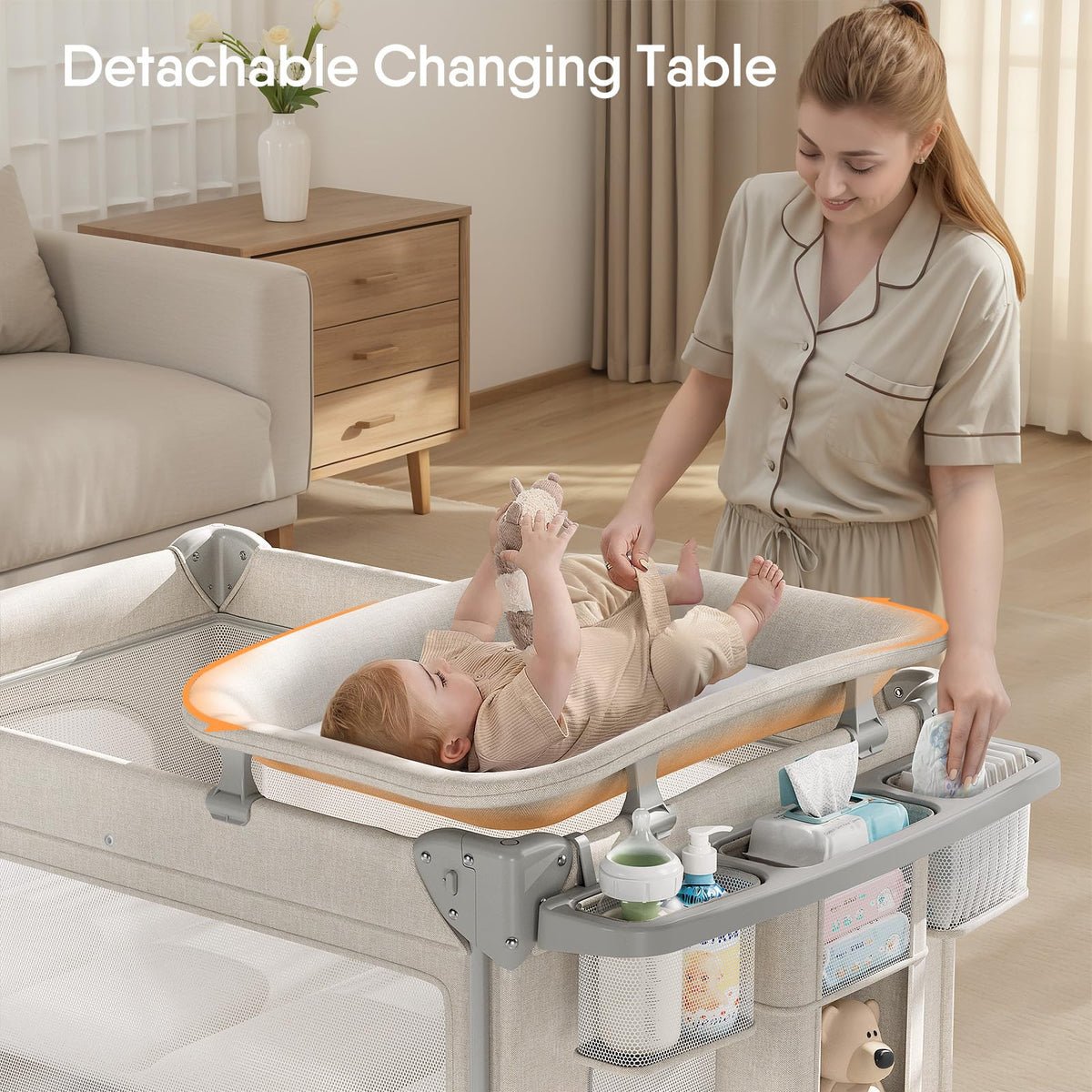 Baby Bassinet, Pack and Play, Bedside Crib Sleeper, Diaper Changer N6574