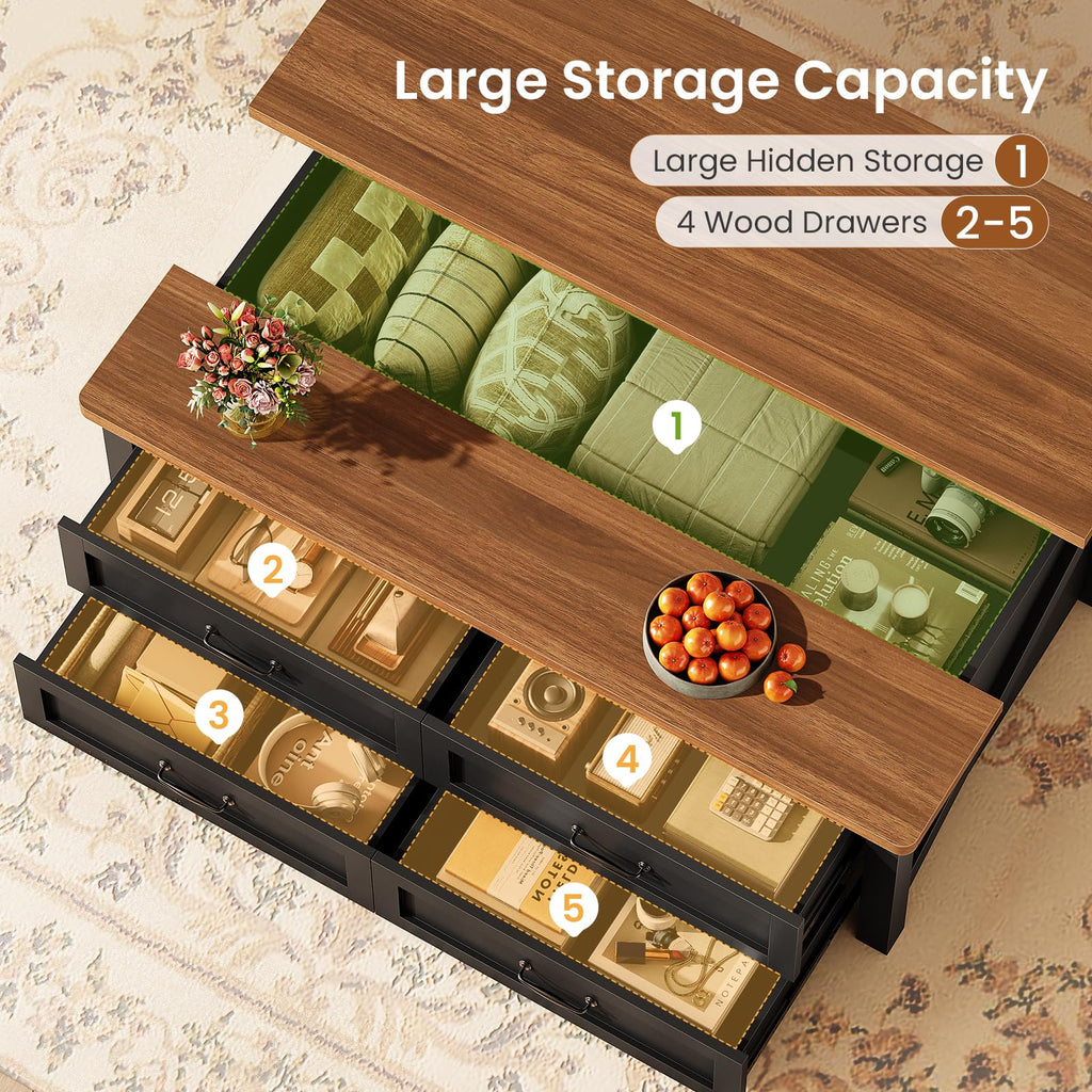 47.2" Lift Top Coffee Table with Storage, 4 Wood Drawers Y892350