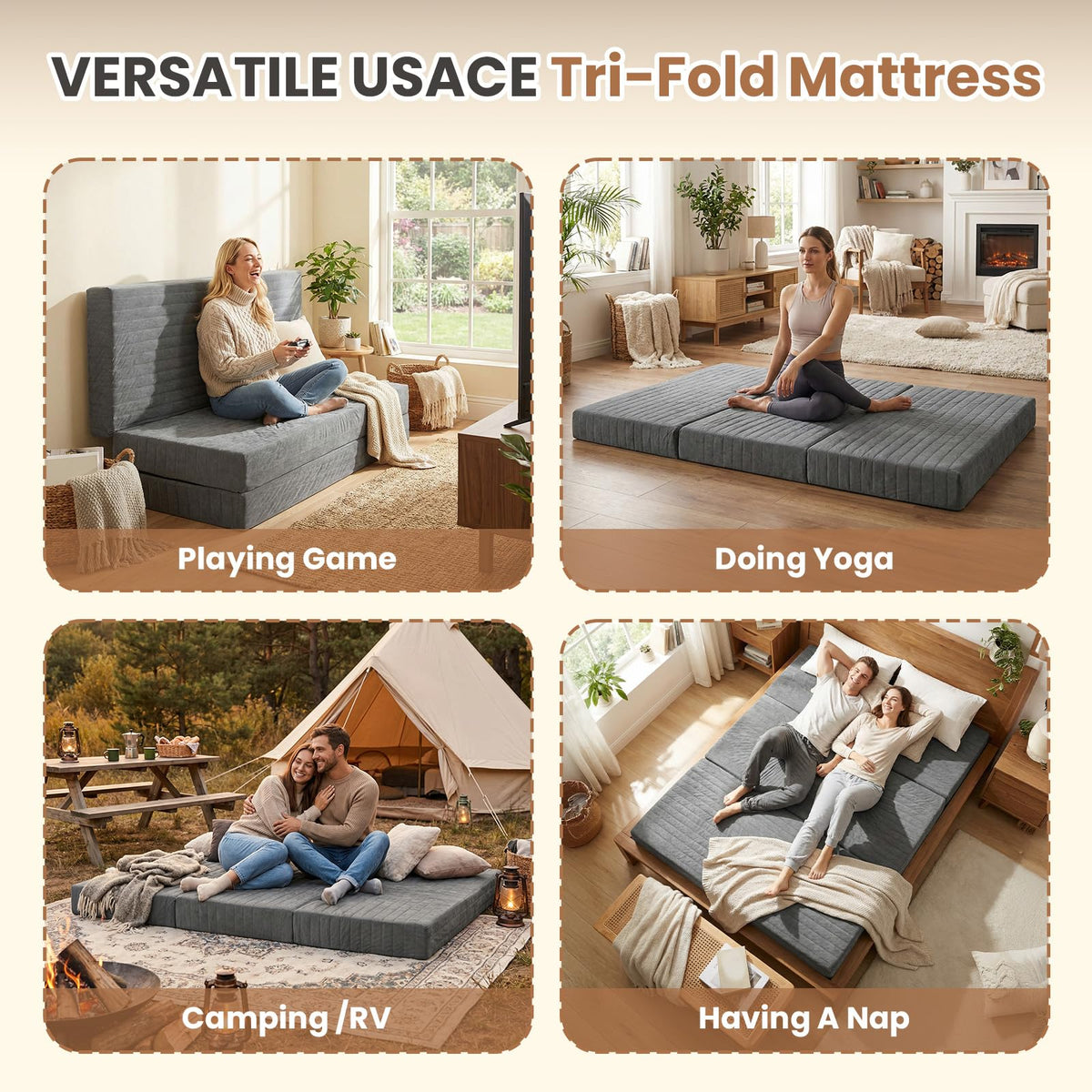 Queen Size Tri-Fold Mattress with Handles & Non-Slip Bottom S512