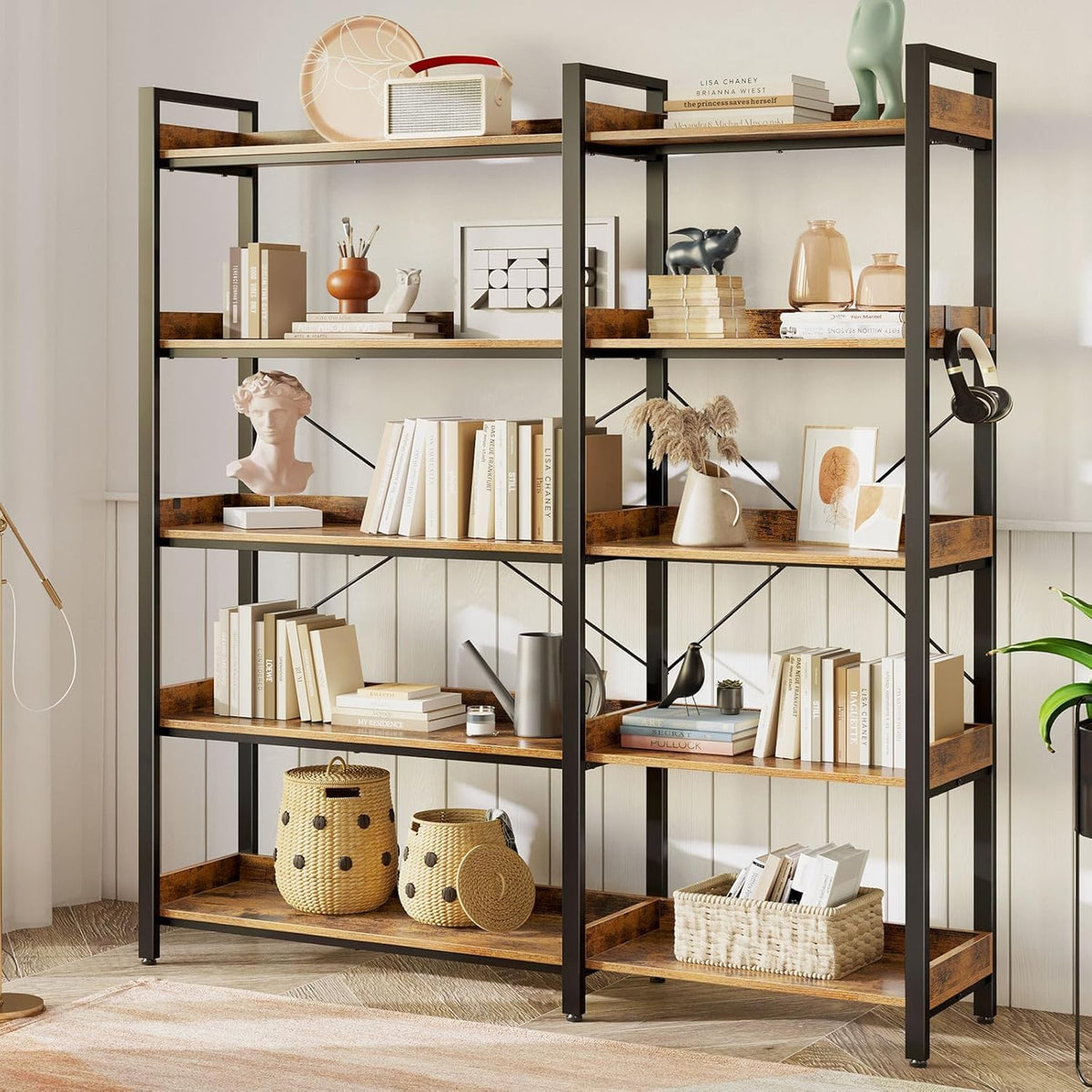 L-Shaped Corner Bookshelf 5 Tier Industrial Bookcase with 4 Hooks I4031