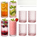 Pink Floral Embossed 12 Oz Highball & 10 Oz Cocktail Glasses Set of 8 with Straws Y37698