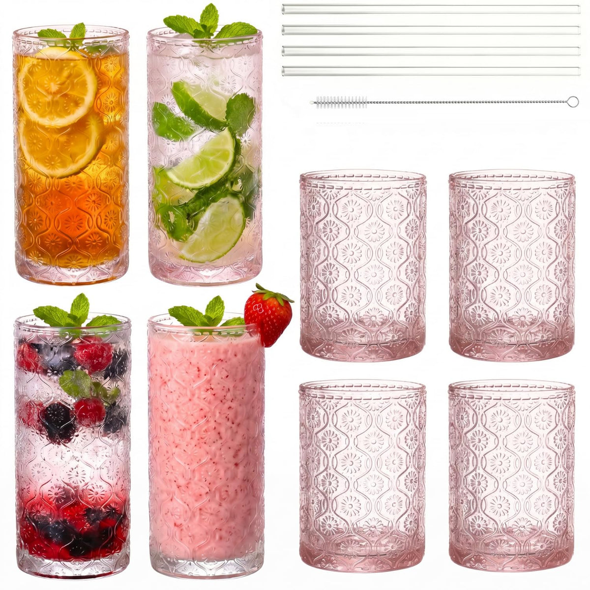 Pink Floral Embossed 12 Oz Highball & 10 Oz Cocktail Glasses Set of 8 with Straws Y37698