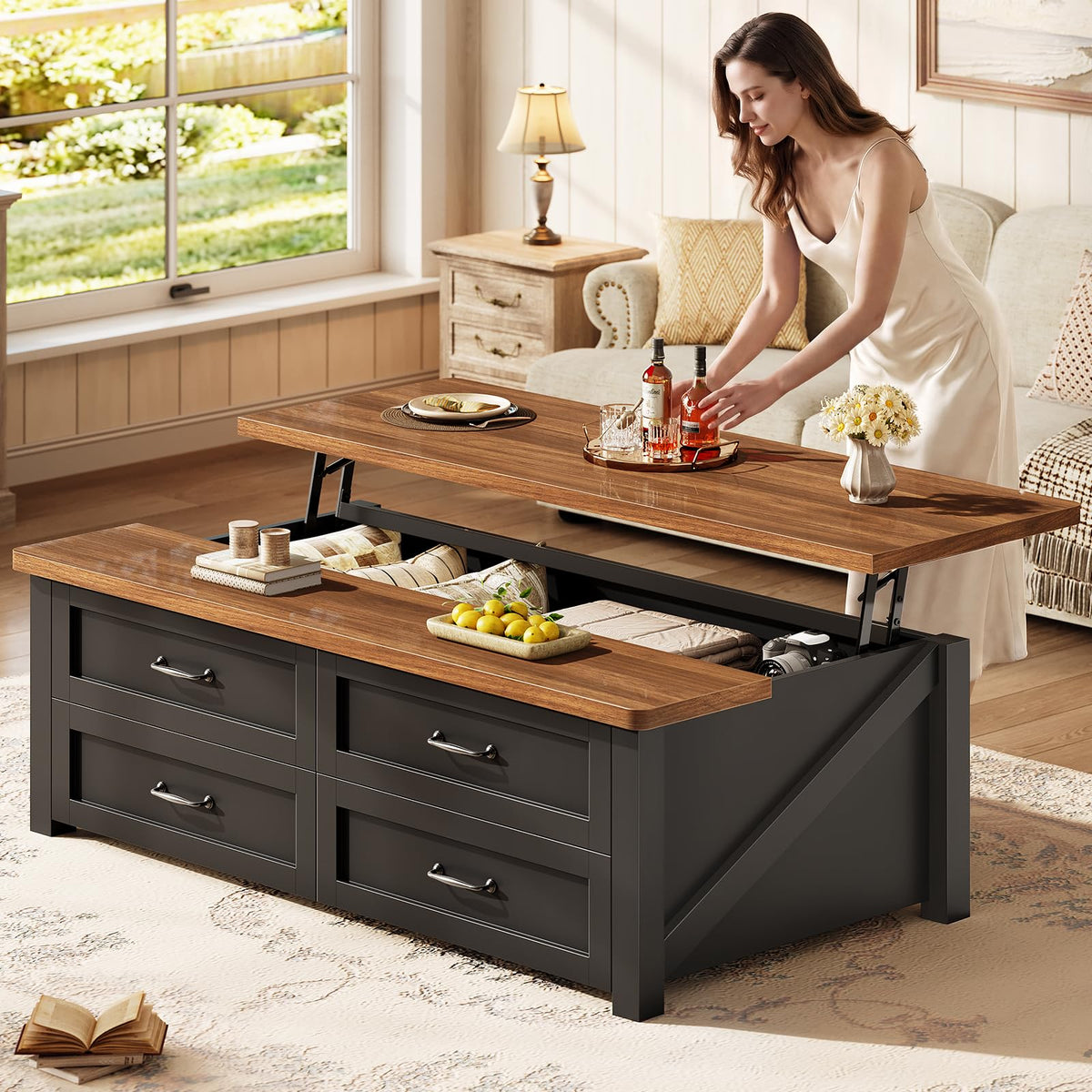 47.2" Lift Top Coffee Table with Storage, 4 Wood Drawers Y892350