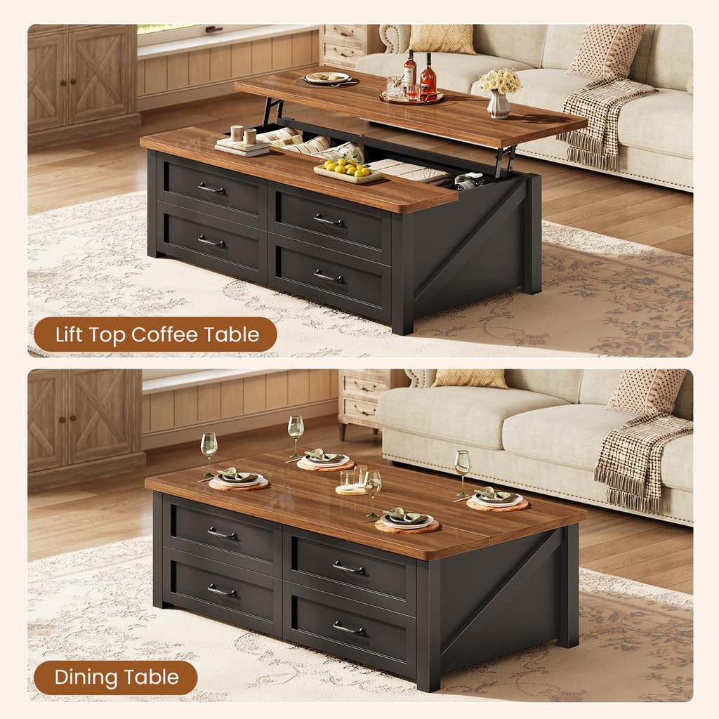 47.2" Lift Top Coffee Table with Storage, 4 Wood Drawers Y892350