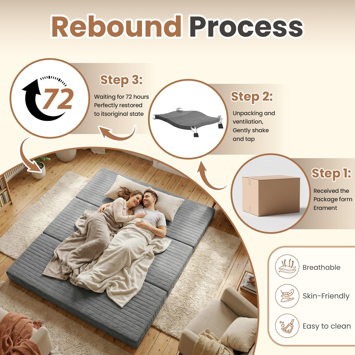 Queen Size Tri-Fold Mattress with Handles & Non-Slip Bottom S512
