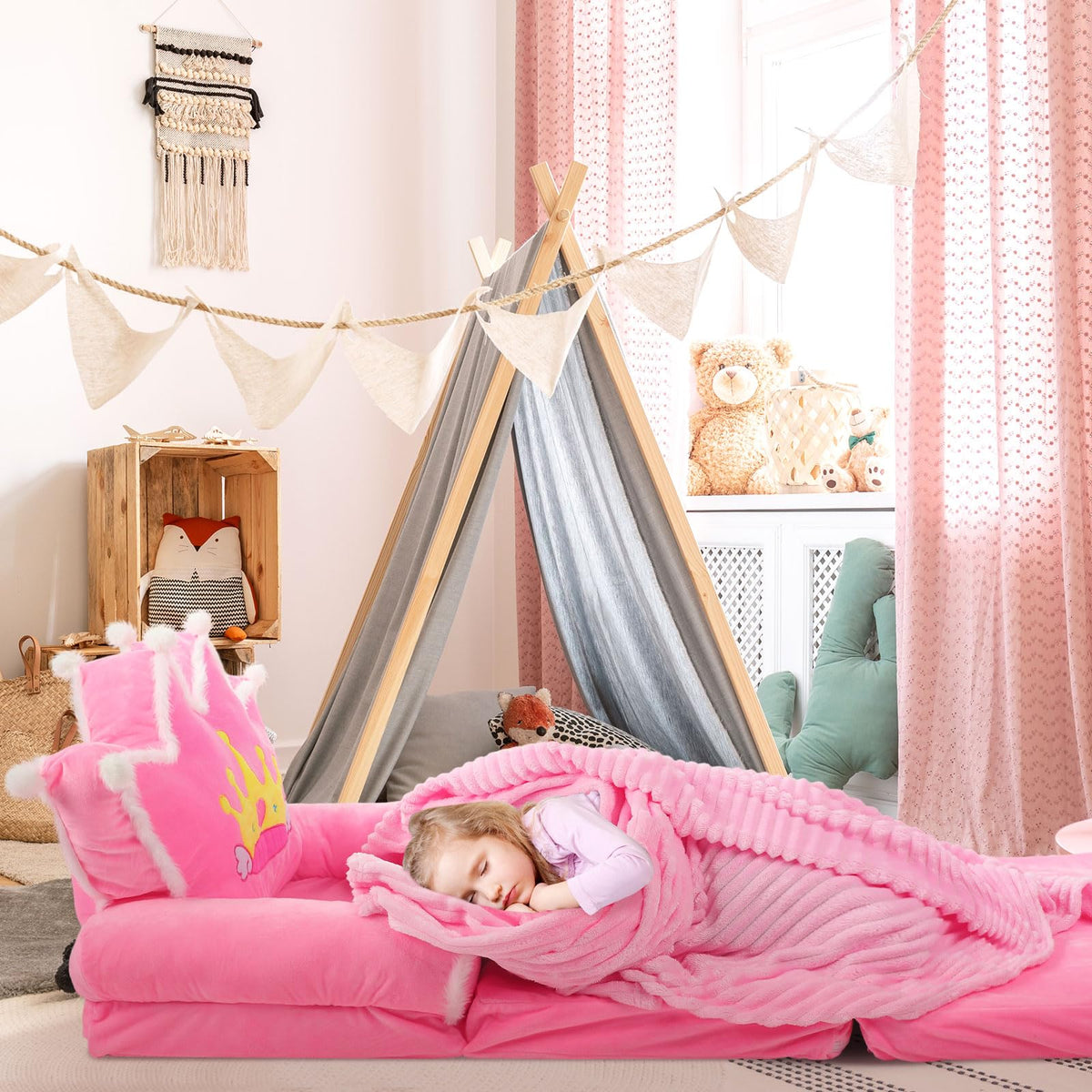 Pink 2 in 1 Fold Out Couch Set with Flannel Blanket O4465