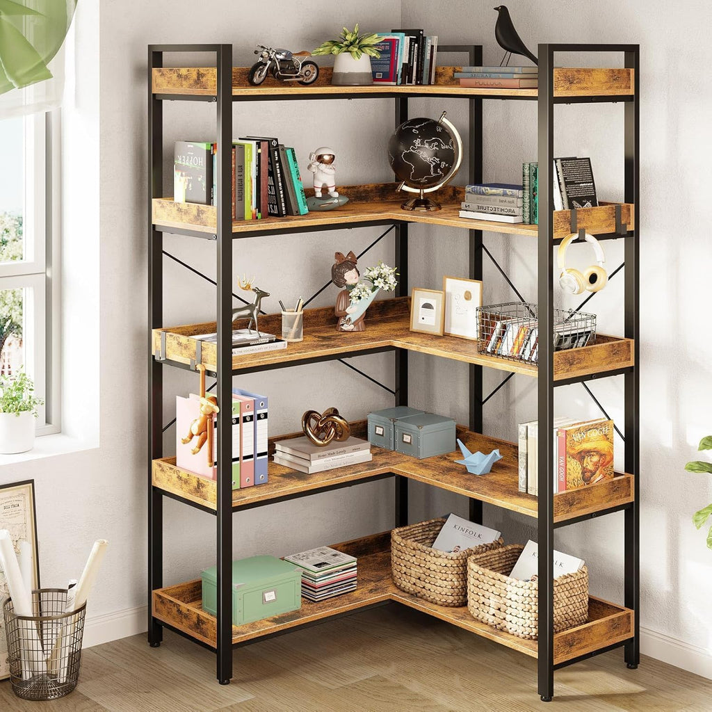 L-Shaped Corner Bookshelf 5 Tier Industrial Bookcase with 4 Hooks I4031
