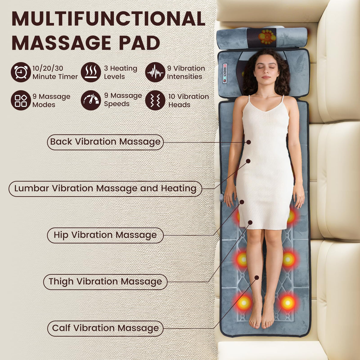 Full Body Massage Cushion with Heat, 10 Vibration Heads, 9 Speeds A98417