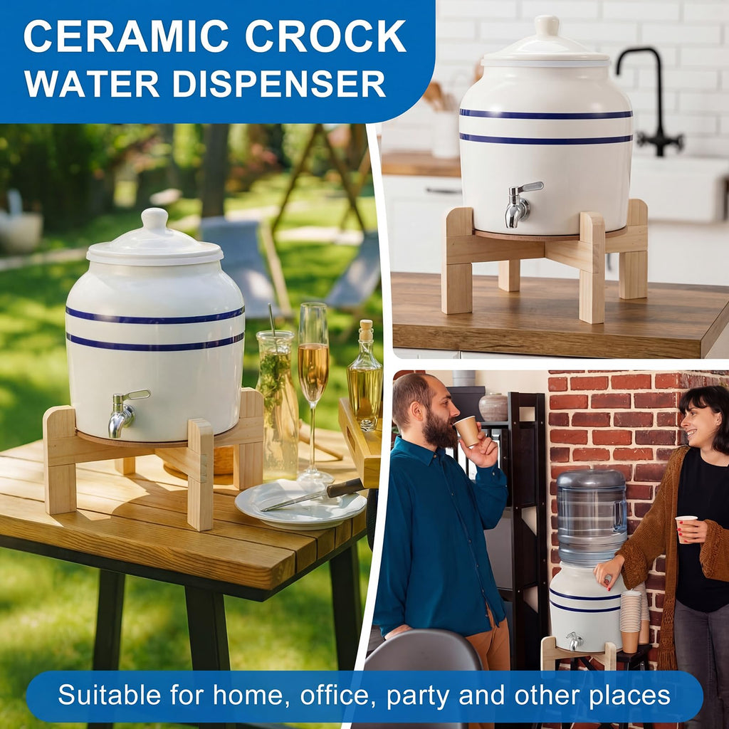 Ceramic Water Dispenser with Wood Stand and Stainless Steel Faucet D654279