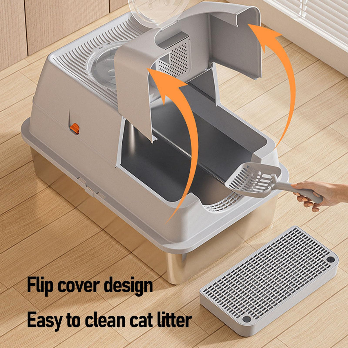 Enclosed Stainless Steel Litter Box with Flip Top Lid U916641