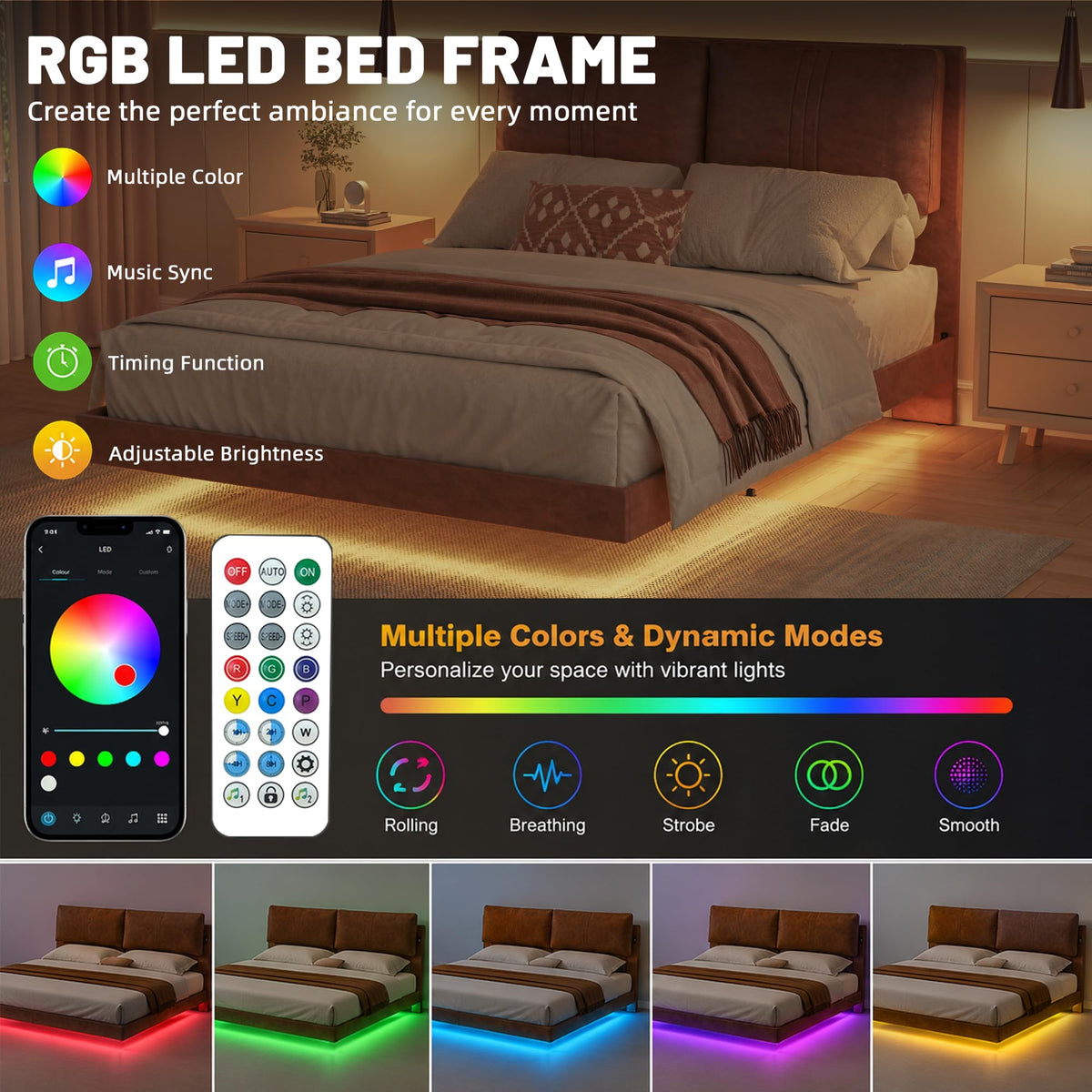 Queen Floating Bed Frame with LED Lights N261781