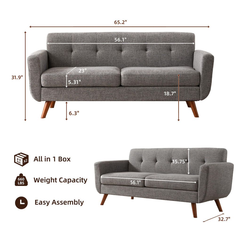 65" Grey Button Tufted Upholstered Loveseat Sofa E4553