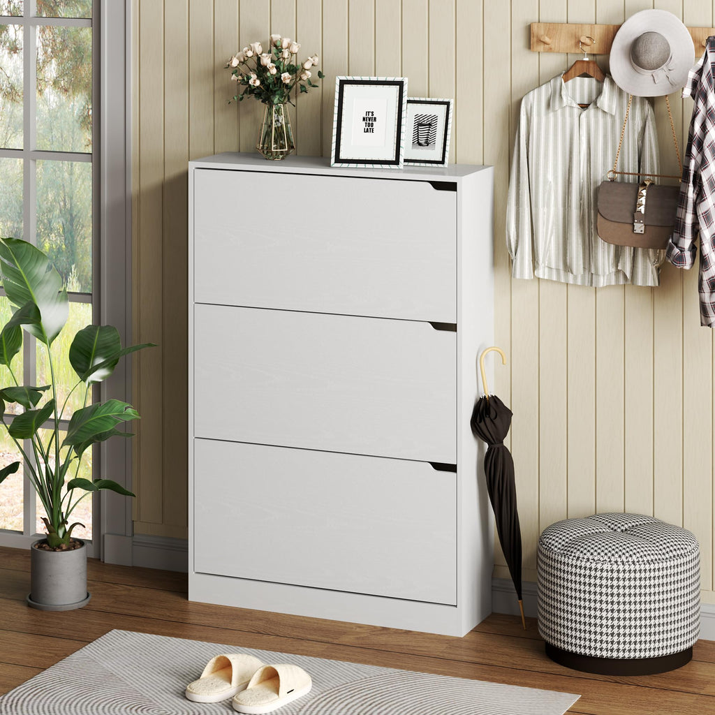 White 3 Flip Drawer Wood Shoe Cabinet C347457