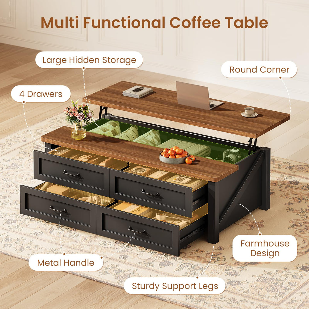 47.2" Lift Top Coffee Table with Storage, 4 Wood Drawers Y892350