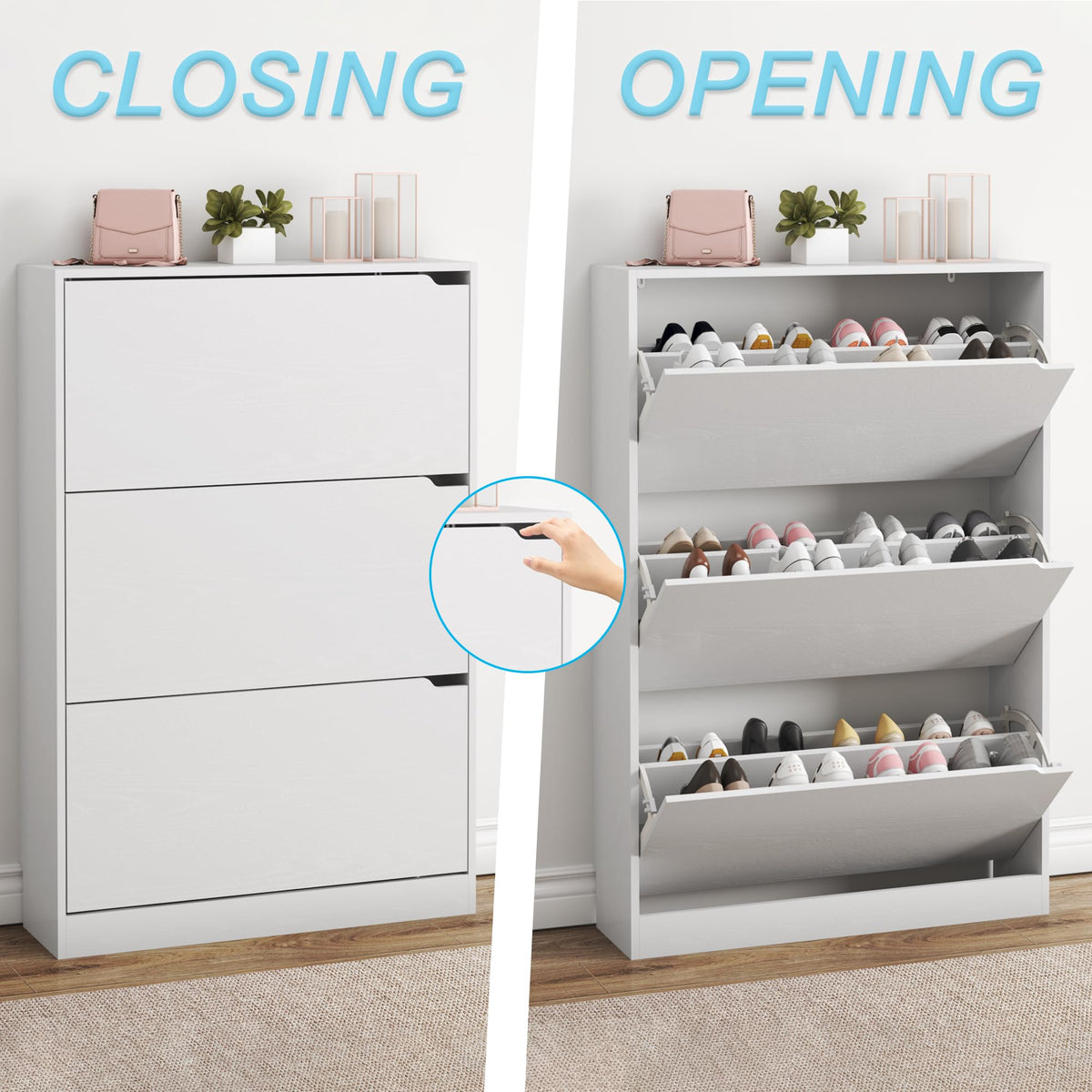 White 3 Flip Drawer Wood Shoe Cabinet C347457