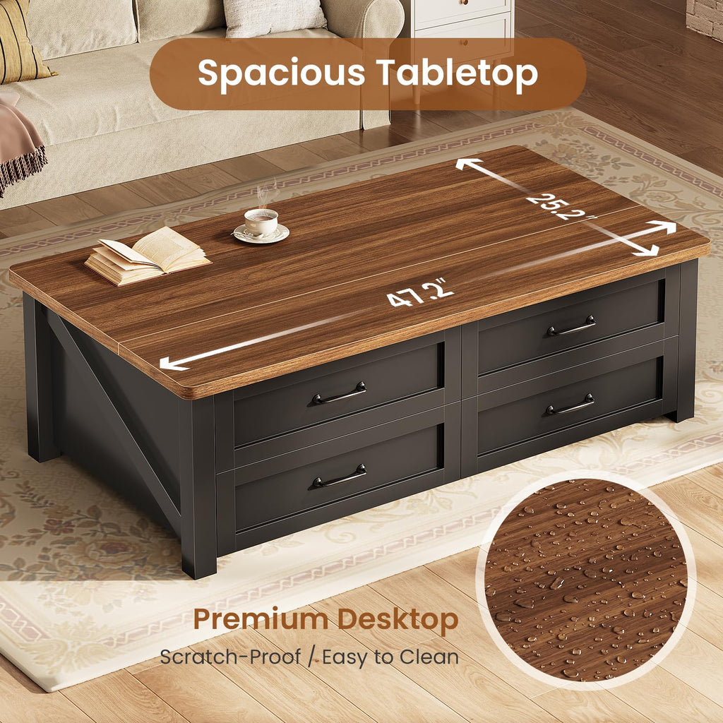 47.2" Lift Top Coffee Table with Storage, 4 Wood Drawers Y892350