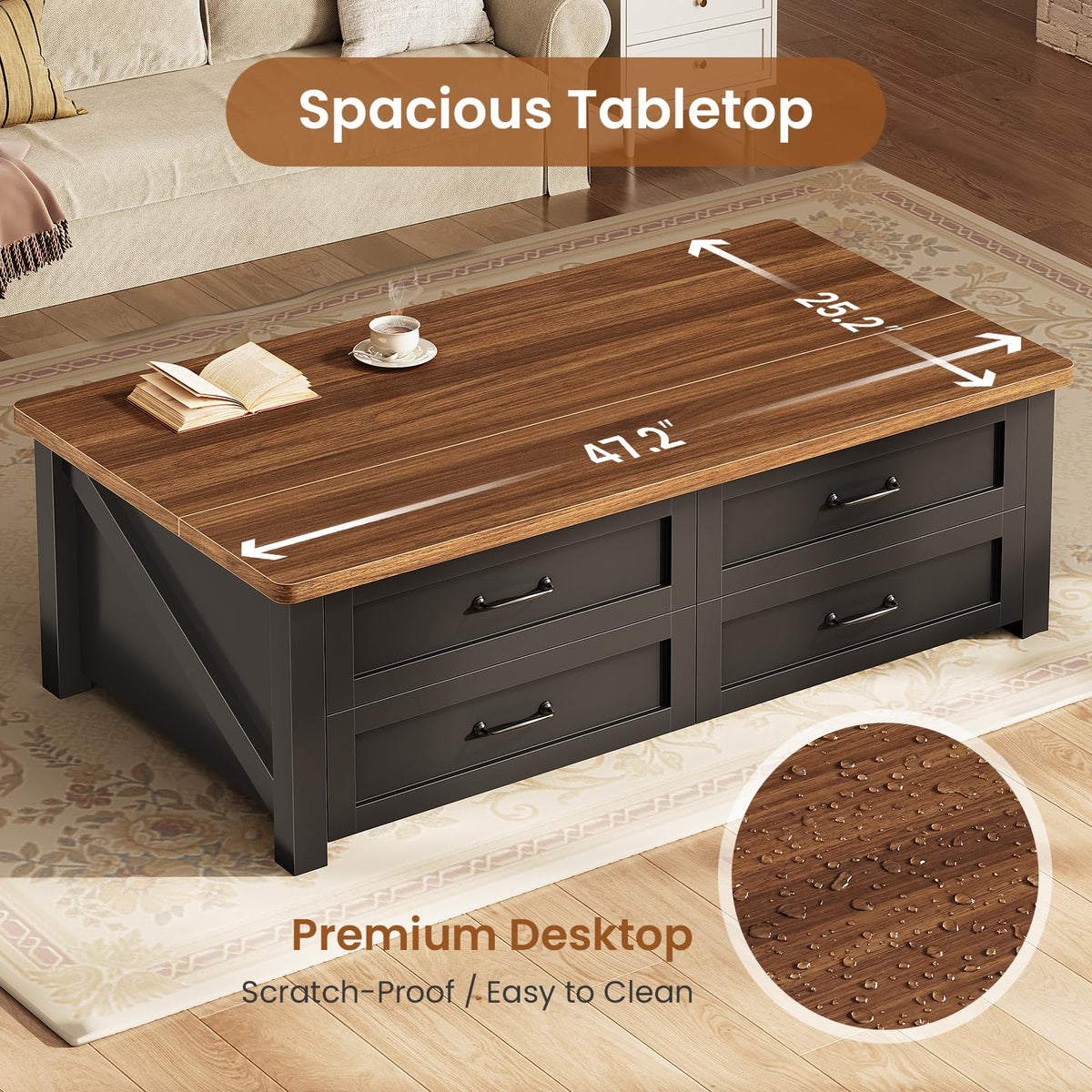 47.2" Lift Top Coffee Table with Storage, 4 Wood Drawers Y892350