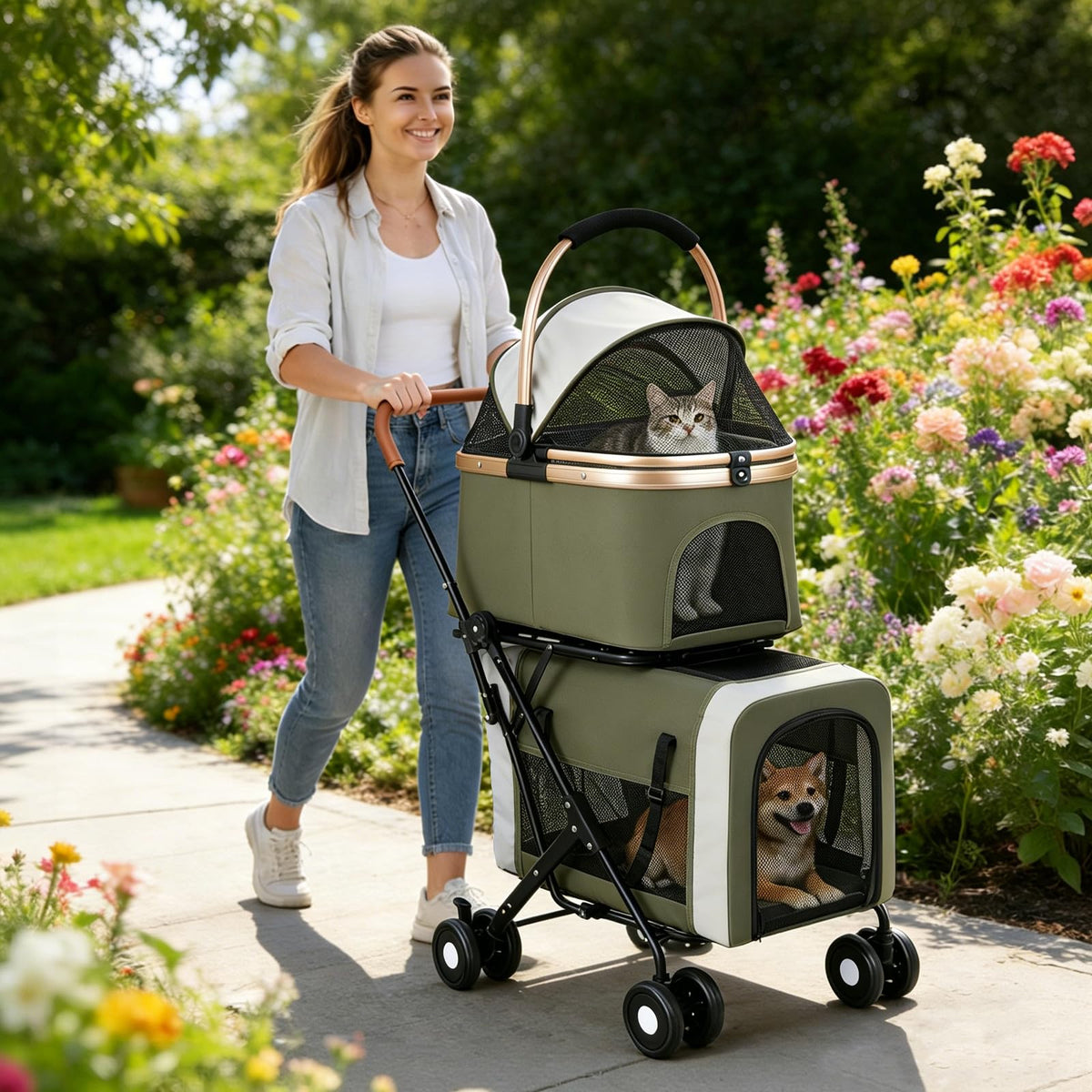 Foldable Double Pet Stroller with Detachable Carriers and 4 Lockable Wheels S23989