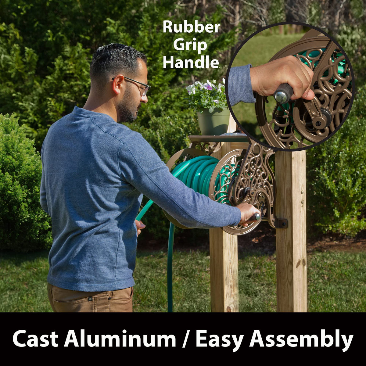Cast Aluminum Wall Mount Hose Reel, Holds 125-Feet of 5/8-Inch Hose - Bronze B485