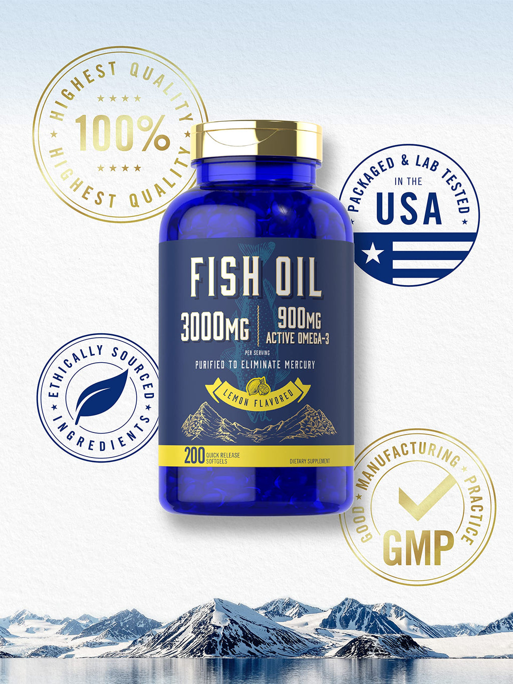 Fish Oil 3000mg 900mg Omega 3 200 Softgels Lemon Flavor P761654