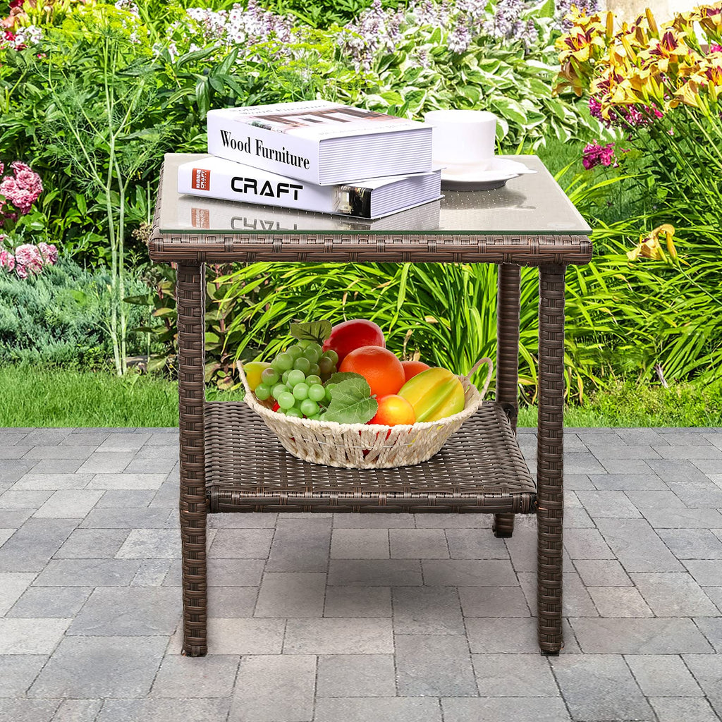Outdoor PE Wicker Side Table with Glass Top O71476