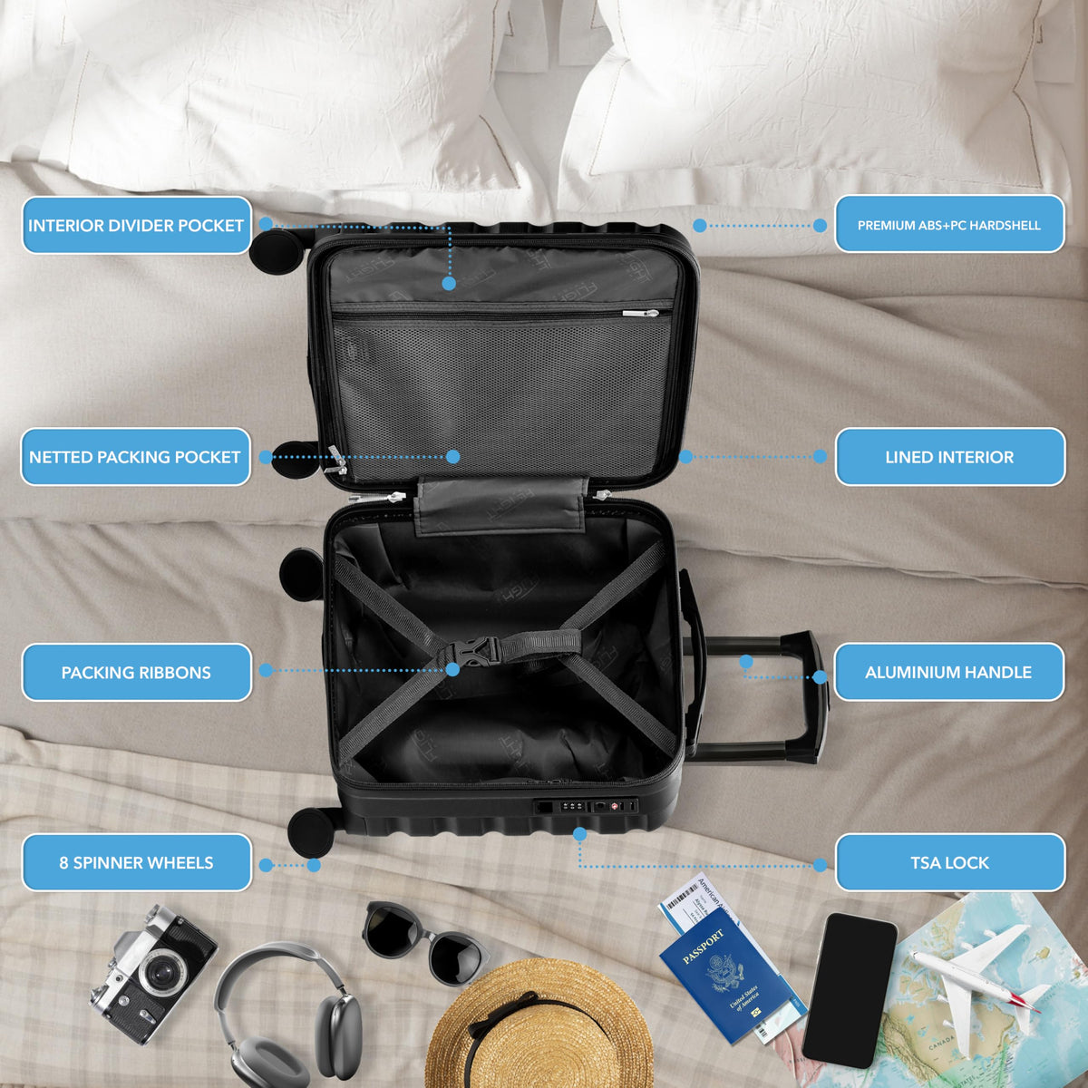18x14x8" Hardside Carry On Suitcase with TSA Lock & USB Port D2963