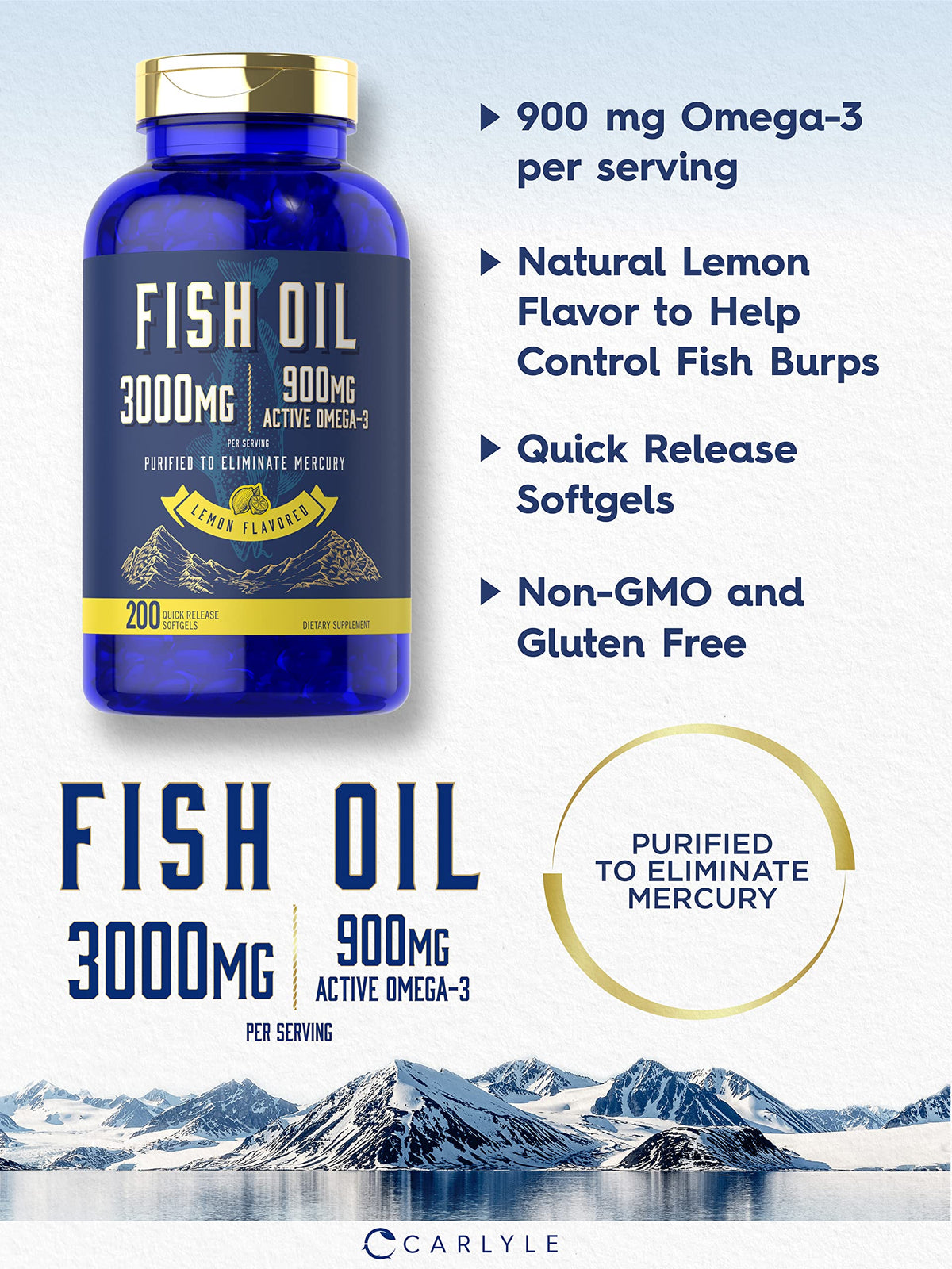 Fish Oil 3000mg 900mg Omega 3 200 Softgels Lemon Flavor P761654