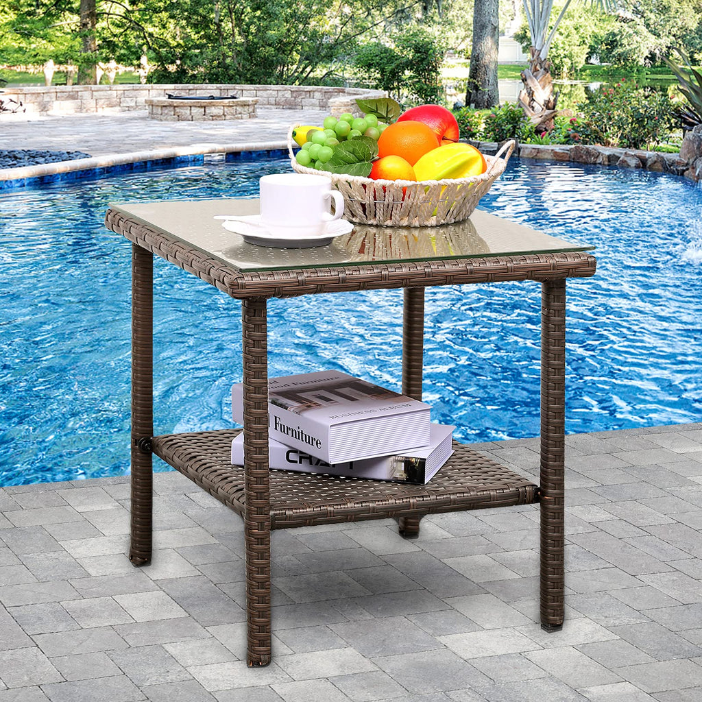 Outdoor PE Wicker Side Table with Glass Top O71476