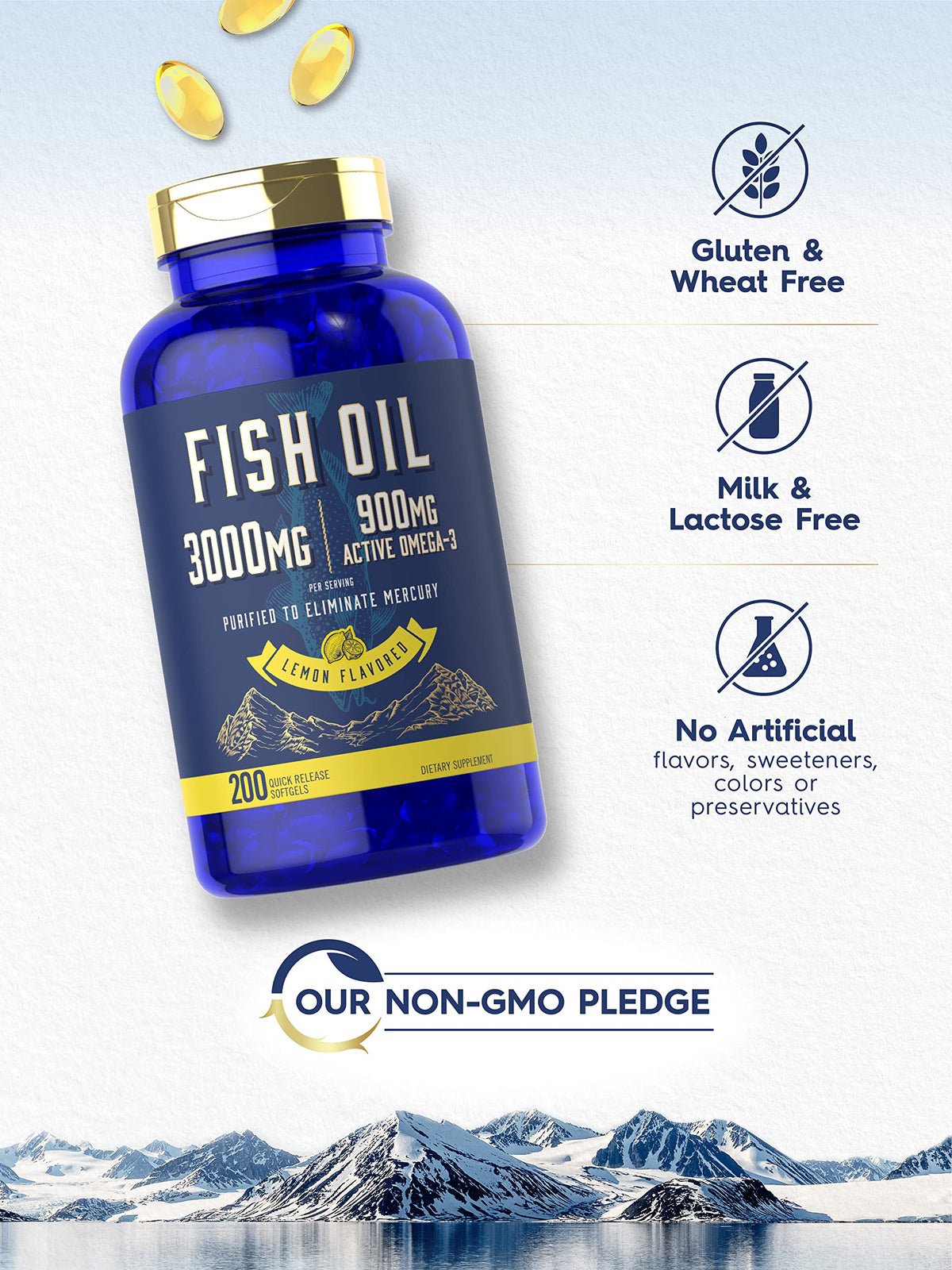 Fish Oil 3000mg 900mg Omega 3 200 Softgels Lemon Flavor P761654